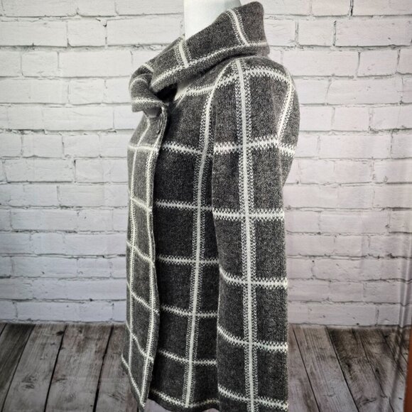 ELLEN TRACY WOMENS GRAY WHITE PLAID COWL NECK ONE BUTTON SWEATER CARDIGAN MED - Picture 3 of 9